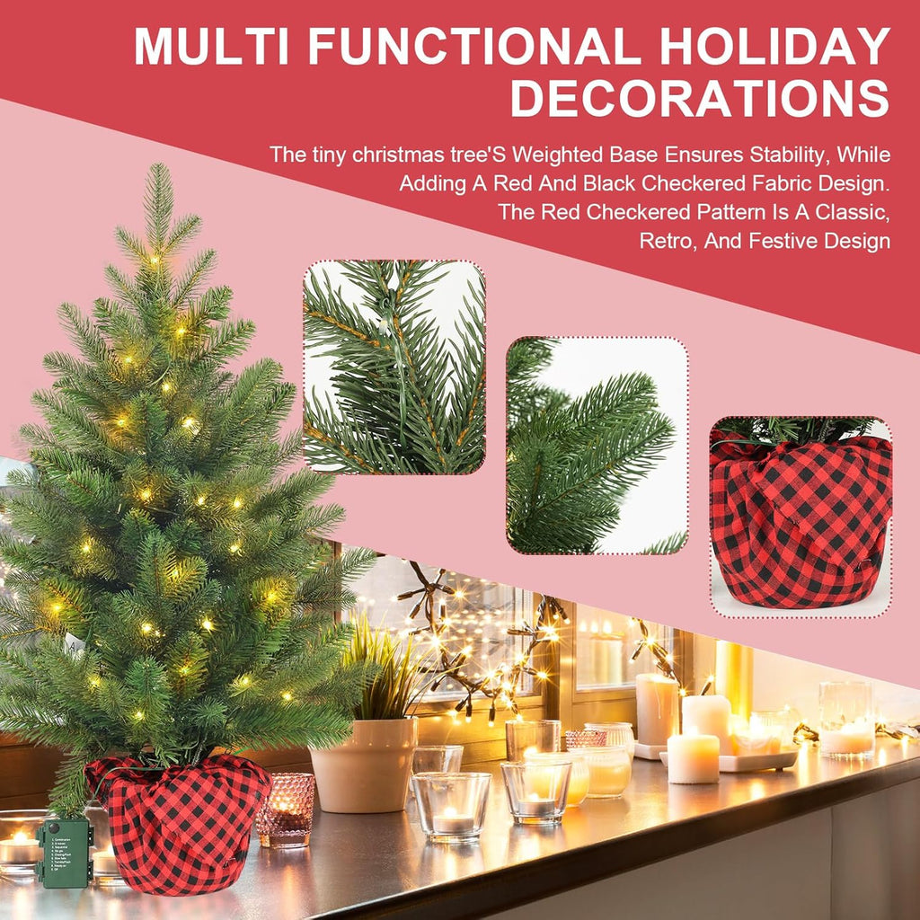 Artificial Christmas Tree 3FT Tabletop Mini Pine Tree with Red Plaid Base Small Xmas Tree for Holiday Decoration Indoor Home Office Desk Bookshelf Fireplace Front Porch Christmas Décor