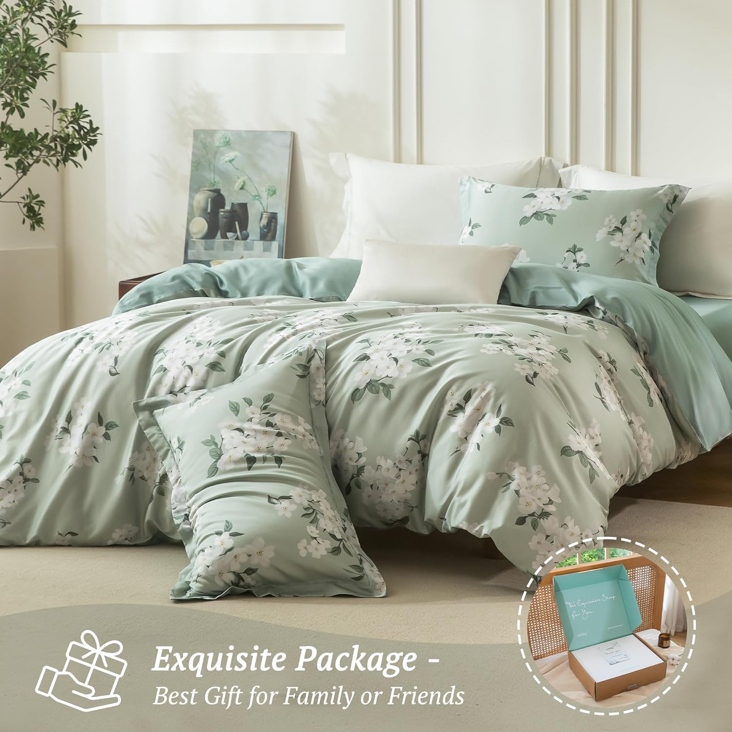 MILDLY Full Size Duvet Cover Set 100% Long-Staple Cotton Luxury Sage Green Floral Patten Reversible Comforter Cover Set 3Pcs