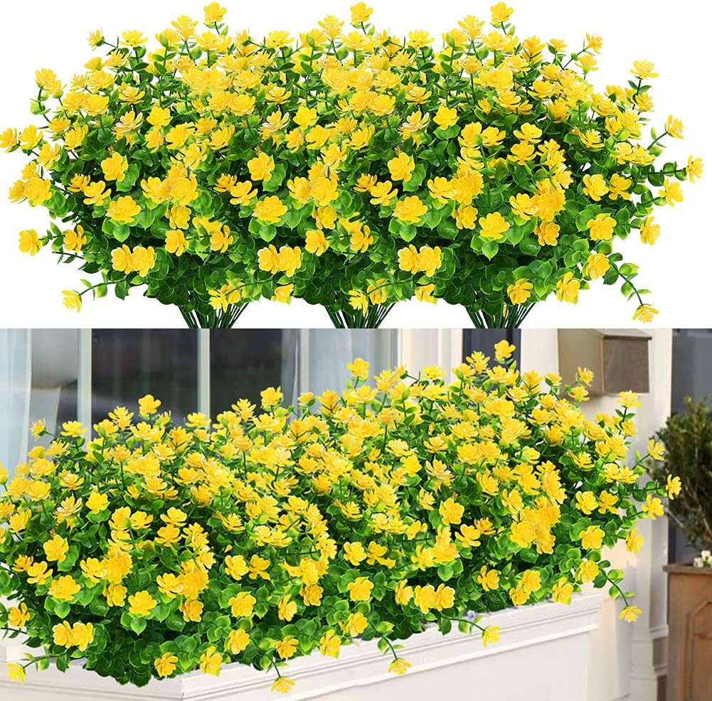12 Bundles Outdoor Artificial Flowers UV Resistant Fake Boxwood Plants, Faux Greenery for Indoor Outside Hanging Plants Garden Porch Window Box Home Wedding Farmhouse Décor (Yellow)