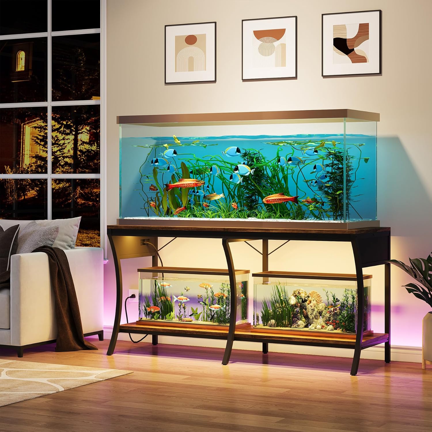 55-90 Gallon Fish Tank Stand with Power Outlets, 2-Tier Aquarium Stand with LED Light Strip & Open Storage Shelves, Heavy Duty Metal Table for Reptile Tank, 1150 LBS Capacity