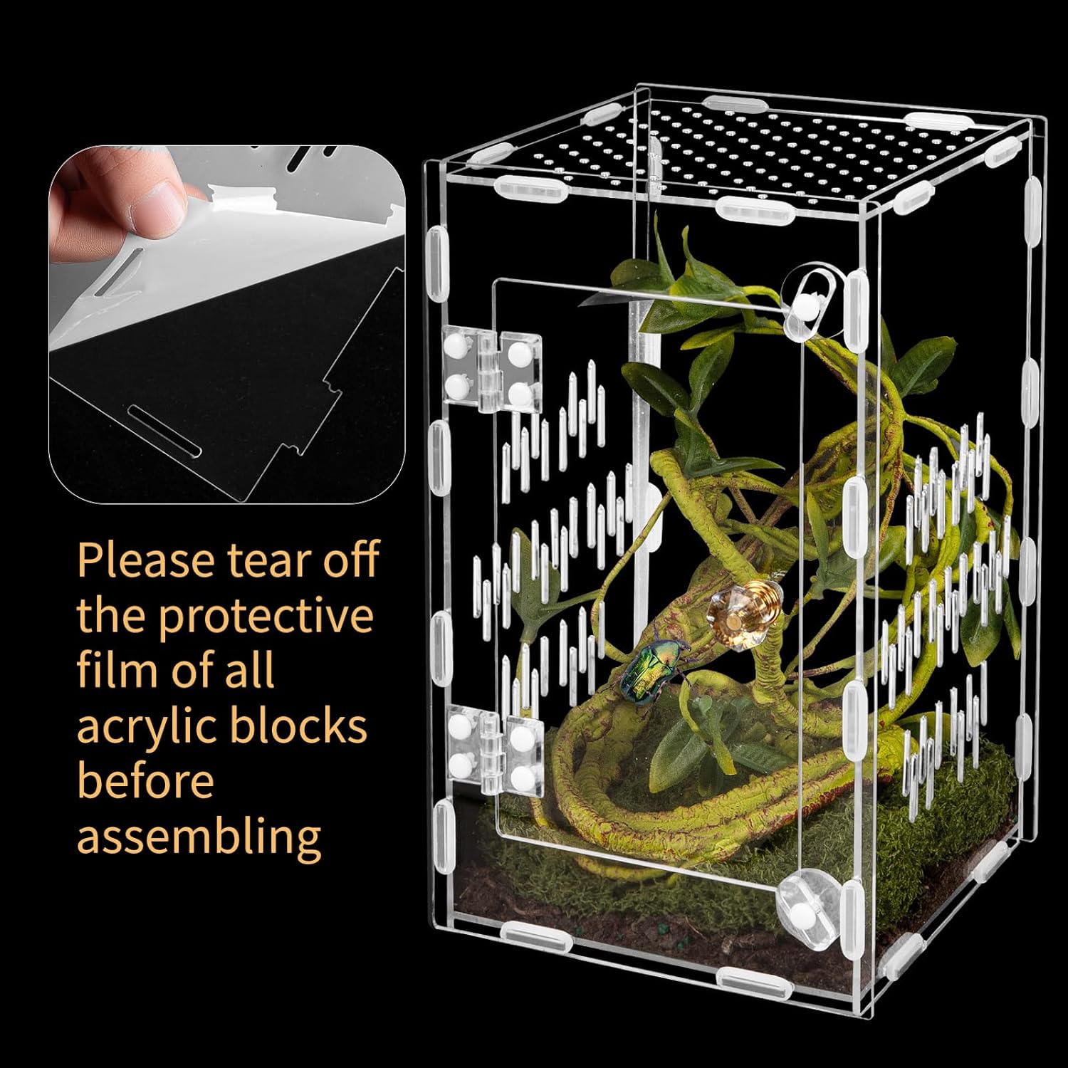 Acrylic Reptile Terrarium Easy Assembly, 360° Clear & Keep Pet Secure Design for Jumping Spiders, Tarantulas, Geckos Scratch-Resistant Large Ventilated Habitat Terrarium for Arachnids 9.8*5.9*5.9in
