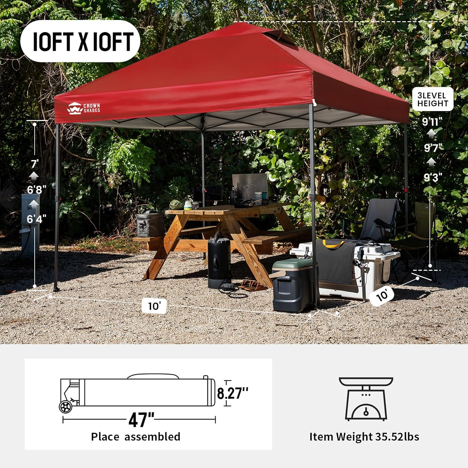 CROWN SHADES 10x10 Pop Up Canopy Tent - Patented Center Lock One Push Instant Outdoor Canopy Beach Tent with STO-N-Go Bag 8 Stakes & 4 Sand Bags，Red