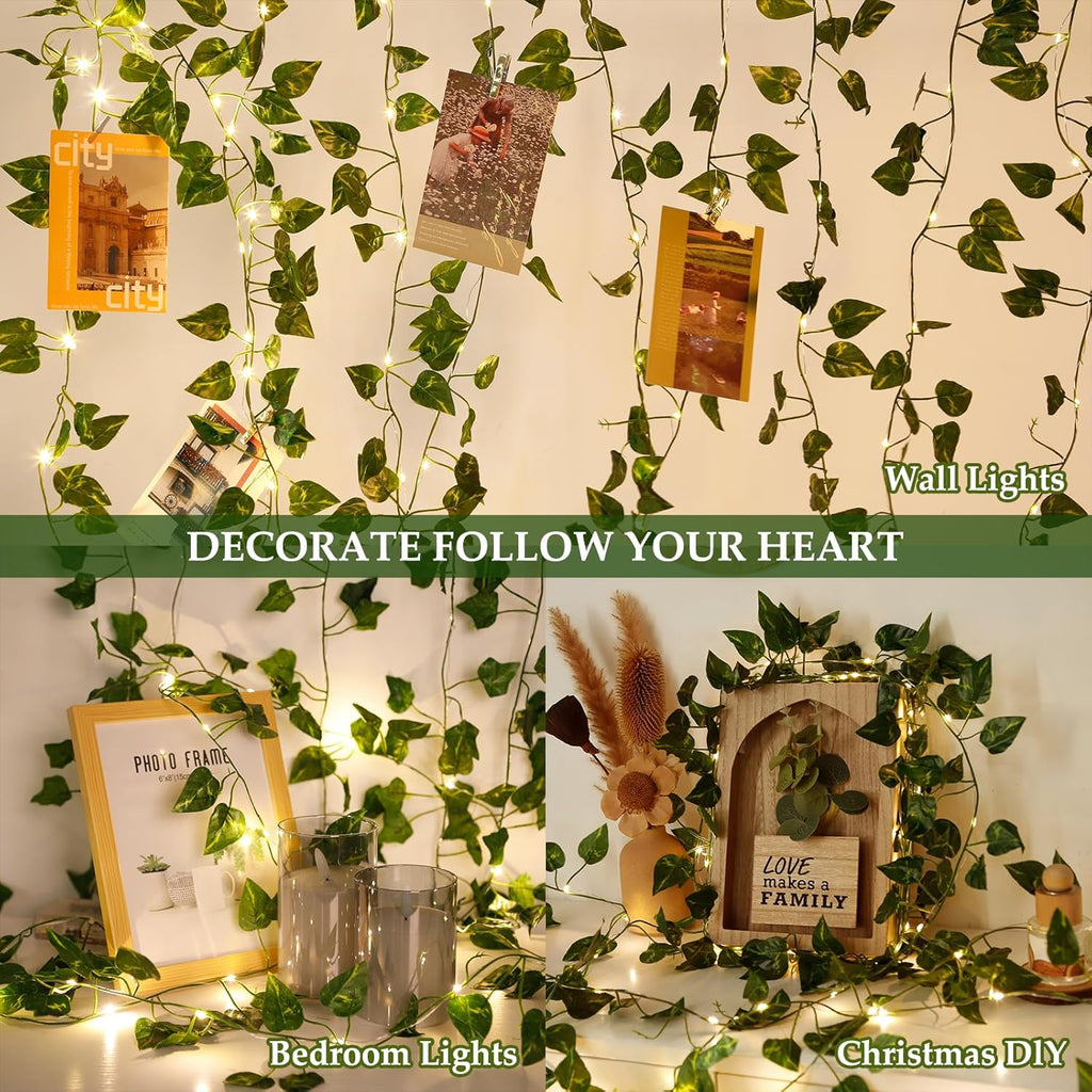 33ft 100 LED Pothos String Lights with Remote, Vine with Fairy Lights Battery Operated，Leaf for Bedroom Garden Party Wall Room Decor(Warm White)