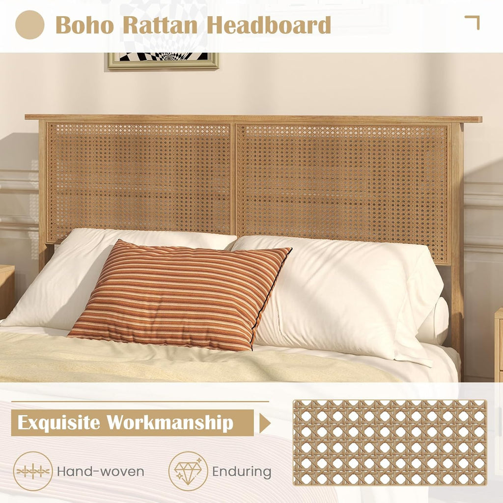 Giantex Rattan Full Bed Frame with Rattan Headboard, Boho Solid Wood Platform Bed with Wooden Slats, 12 Inch Full Size Bed Frame with Storage Underneath, No Box Spring Needed, Natural