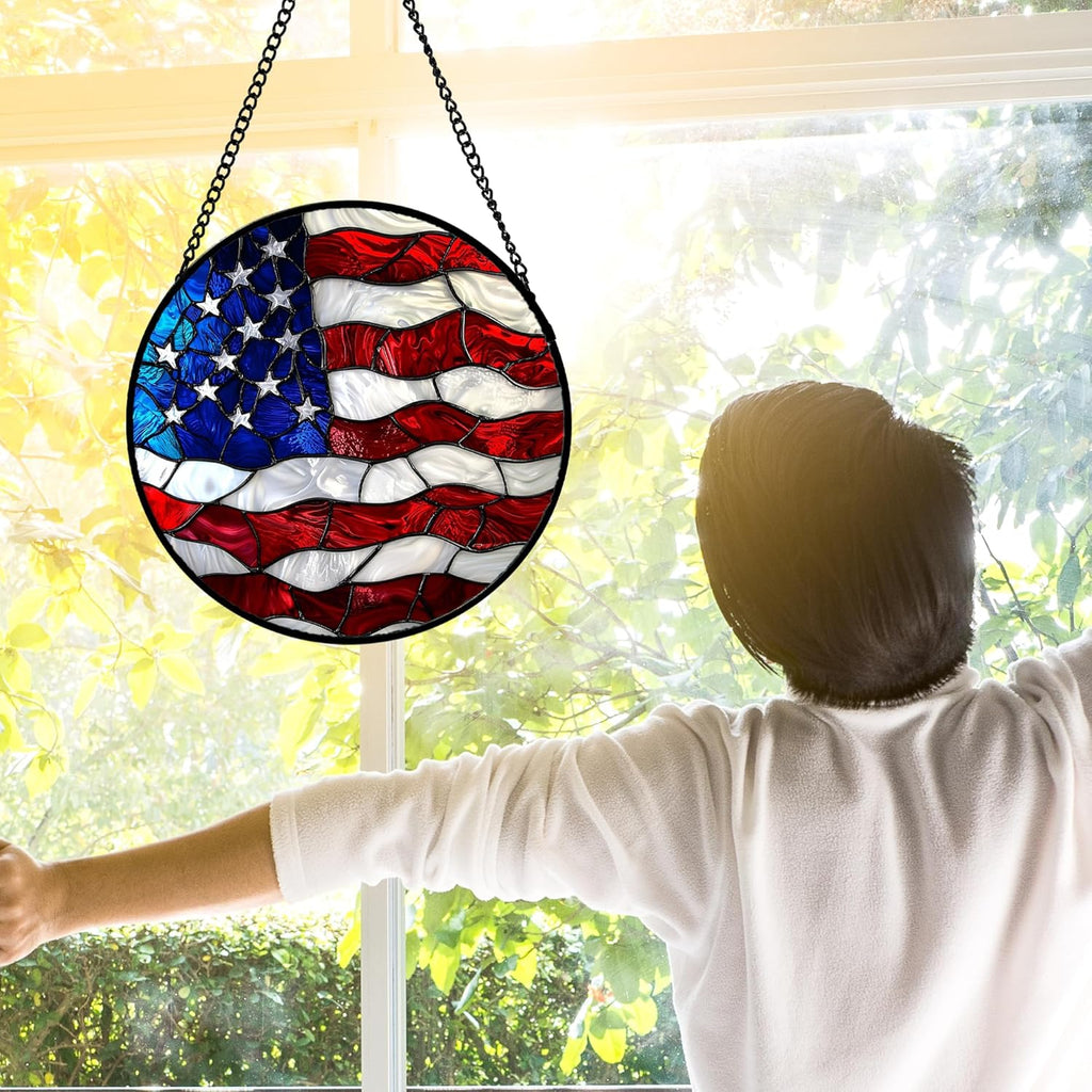 Stained Glass Window Hanging, Blue, White Red National Flag Pattern Sun Catchers Diamond Glass Panel Window Hangings Decor for Birthday Gifts for Women, Men, and Mom 9.8x9.8 in