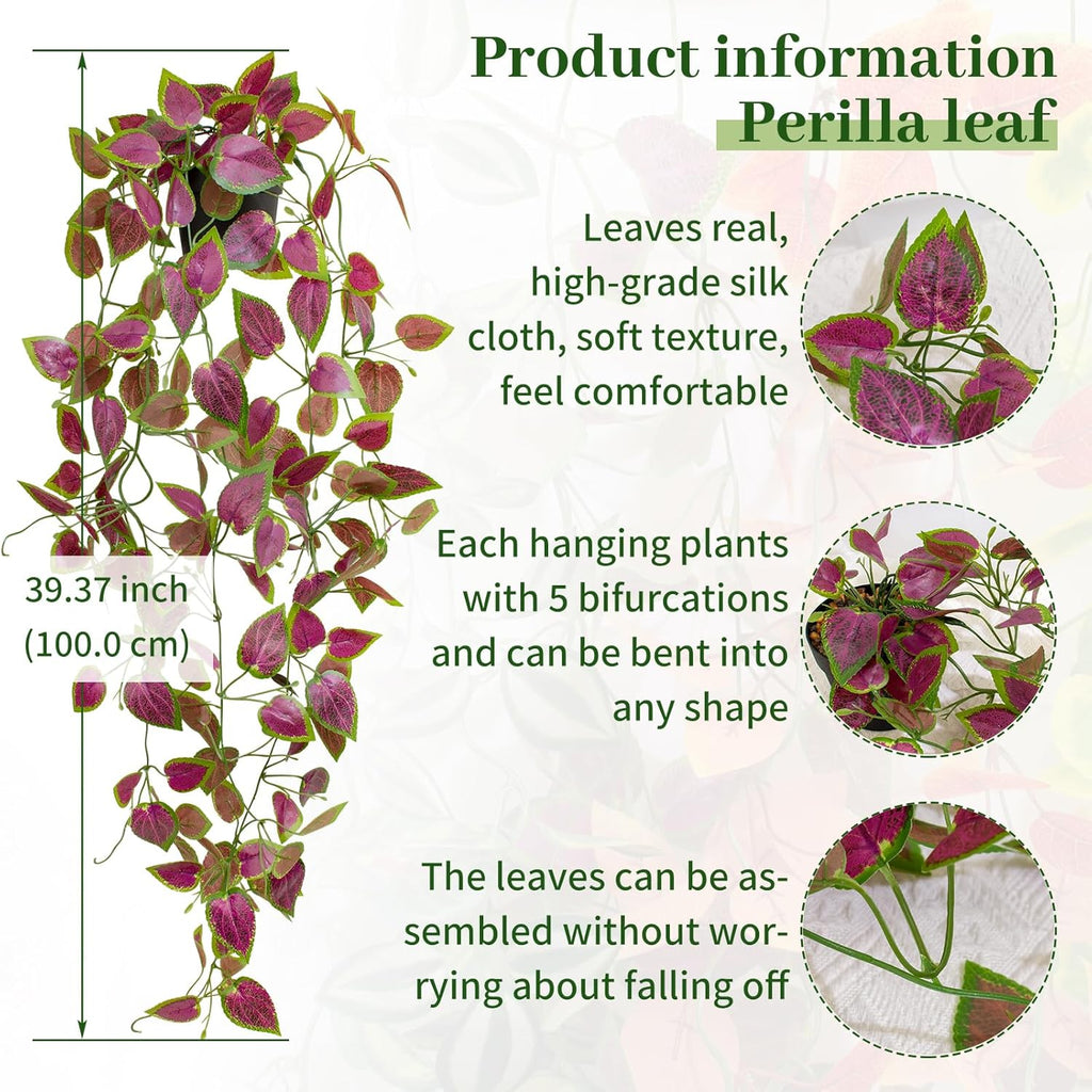 Artificial Hanging Potted Plants, Small Fake Purple Potted Plant Faux Ivy Vine Plant for Shelf Home Office Indoor Outdoor Garden Greenery Decor (Black Pot)