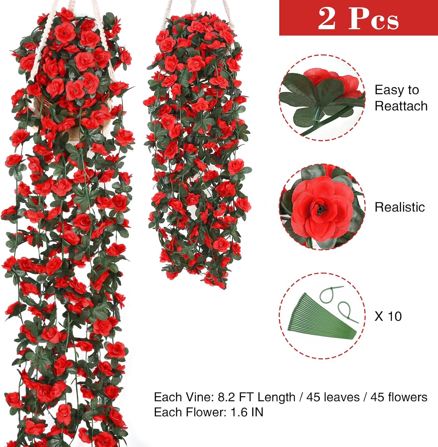 BLEUM CADE 2Pcs 16.4Ft Flower Garland Artificial Rose Vines for Bedroom, Cute Fake Hanging Flower Vines Floral Garland Decorations for Wedding Party Wall Room Decor Aesthetic