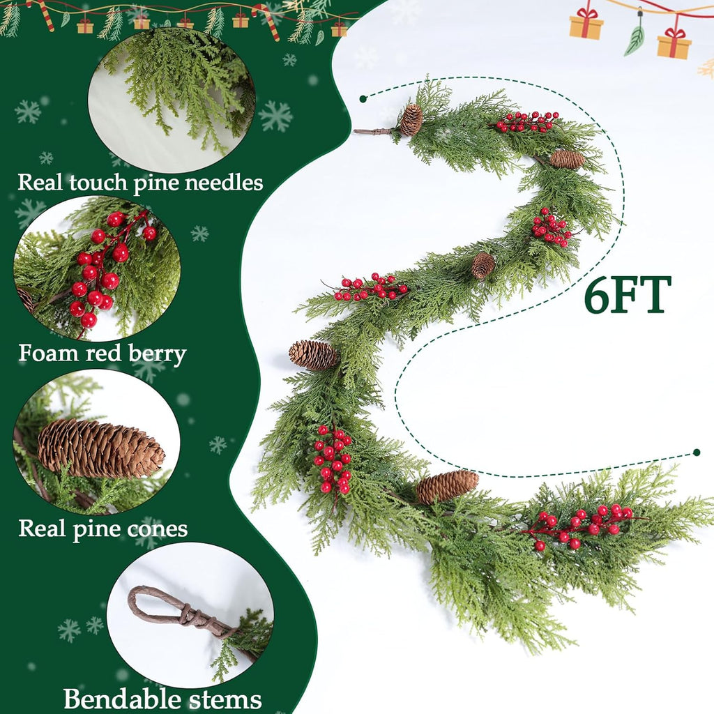 MIZII Christmas Garlands 6 Feet Artificial Pine Garland with Pinecone Berries Faux Greenery Garland Christmas Decorations for Xmas Fireplace Mantle Home Decor Indoor Outdoor (Pine Mix)