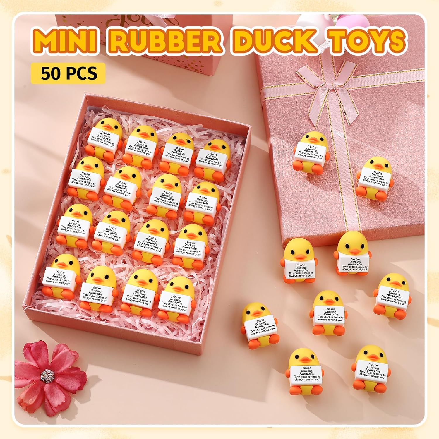 Gejoy 50 Pcs Mini Rubber Duck Toys Positive Gifts Duck Figures Decorations and Encouragement Birthday Motivational Gifts for Colleague Staff Teacher