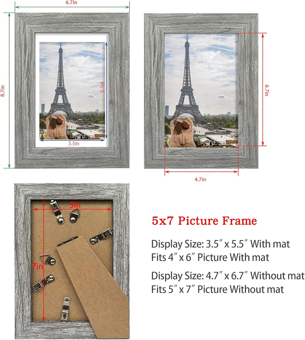 5x7 Picture Frame Set of 4, Made of Real Glass and Grey Wooden Frame, 5 by 7 Photo for Wall or Tabletop - Display Picture 4x6 with Mat or 5x7 Without Mat