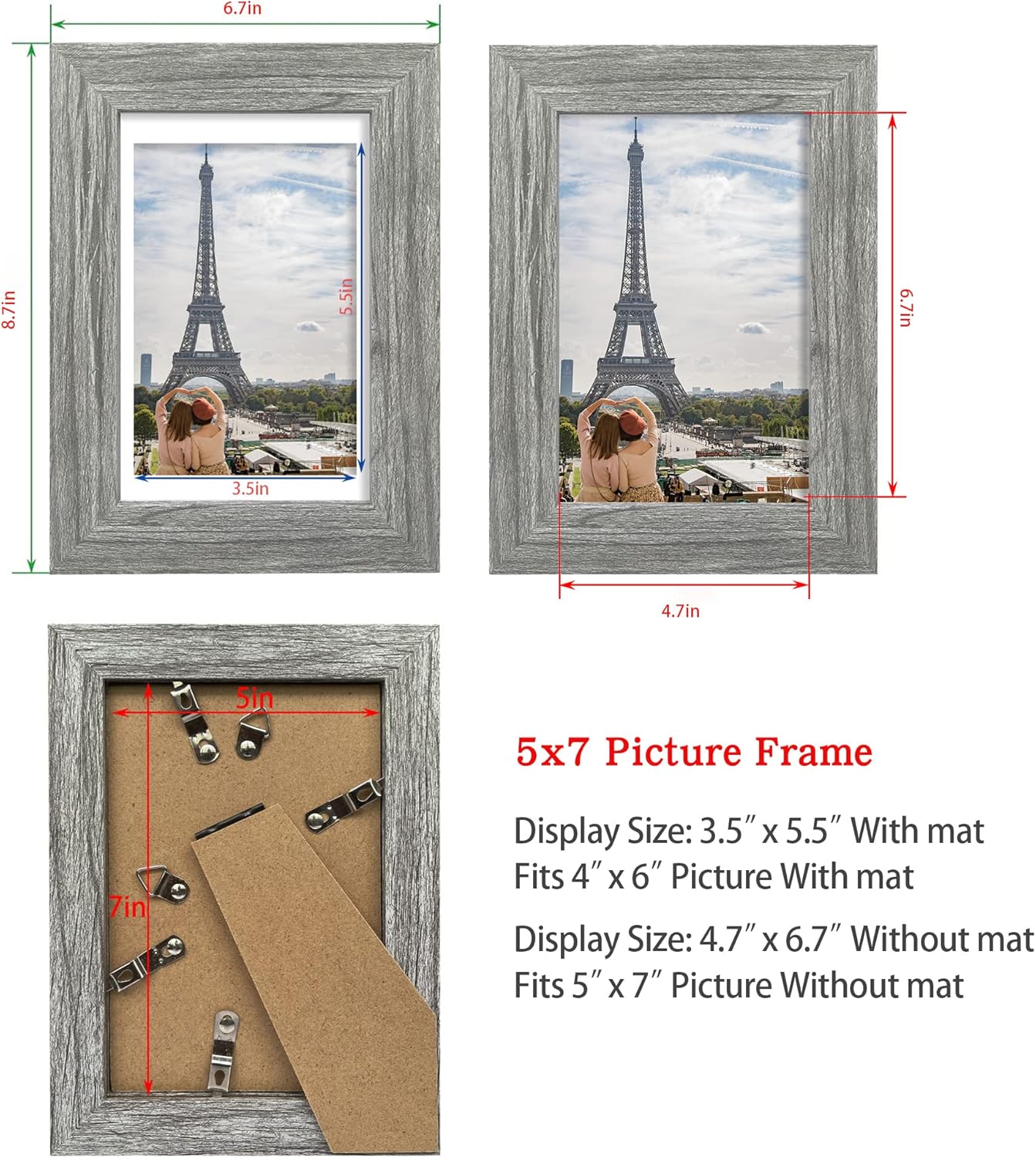 5x7 Picture Frame Set of 4, Made of Real Glass and Grey Wooden Frame, 5 by 7 Photo for Wall or Tabletop - Display Picture 4x6 with Mat or 5x7 Without Mat