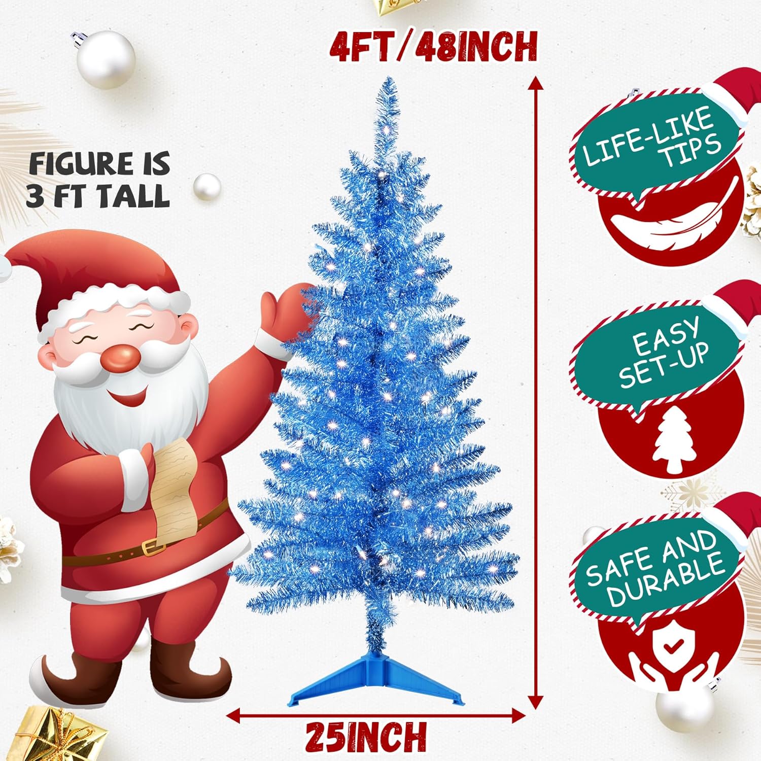 4ft Artificial Full Blue Christmas Tree with Separate Lights, Not Pre-lit Mini Blue Tinsel Pine Christmas Tree, 50 Lights, Small Xmas Tree for Home, Office, Party Decoration, Indoor