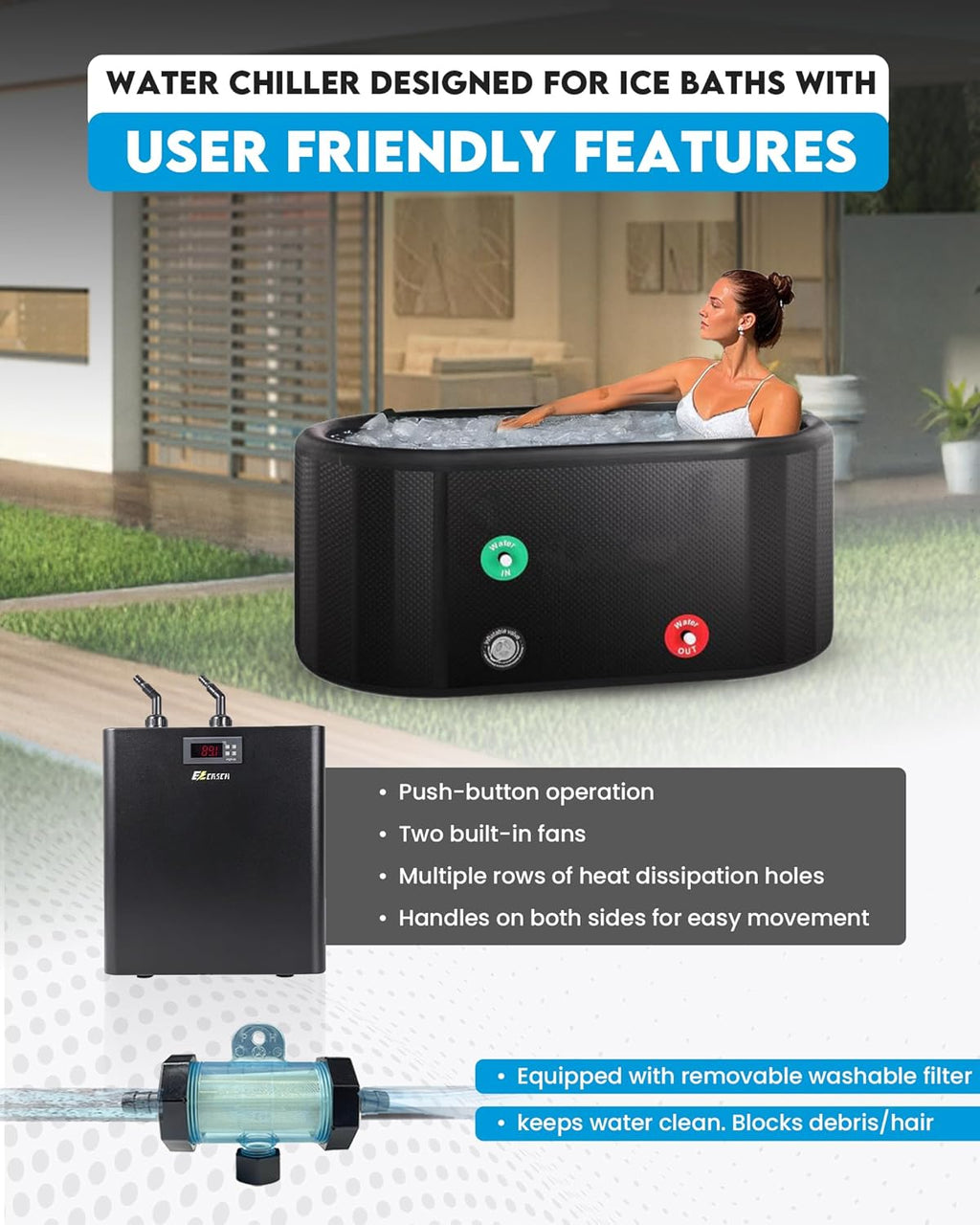 Ice Bath Water Chiller 1/2HP 132gal for Ice Bath Tubs Universal Chiller for Ice Bath with 2 Pumps and Filter Recovery Chiller for Ice Bath and Cold Plunges for Home and Outdoors Use