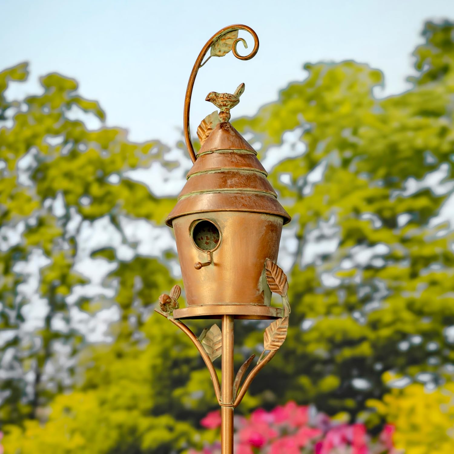 Copper Colored Fancy Design Birdhouse Garden Stakes (Cylindrical with Cone Roof)
