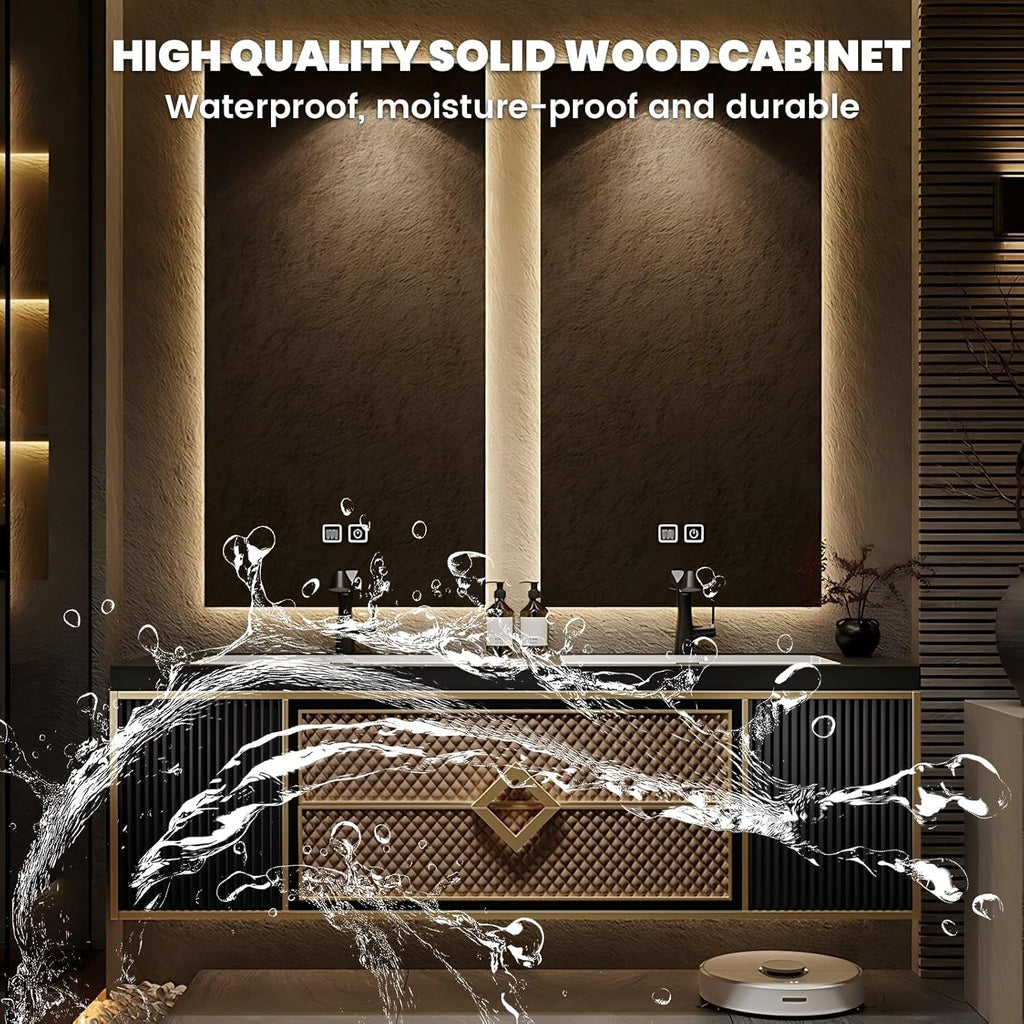 Floating Bathroom Vanity, Double Sink Bathroom Vanity Set Includes Smart Defogging Mirror, Slate Countertop and Ceramic Sink, Modern Bath Cabinet with Soft-Close Drawers and Cabinet Door - 64IN