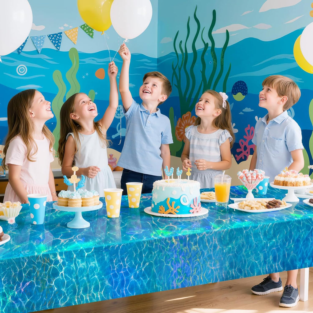 8 Pack Ocean Waves Holography Tablecloth, 54 x 108” Blue Sea Design, Waterproof Disposable Plastic Table Cover for Beach, Pool, Under The Sea, and Birthday Party Decorations