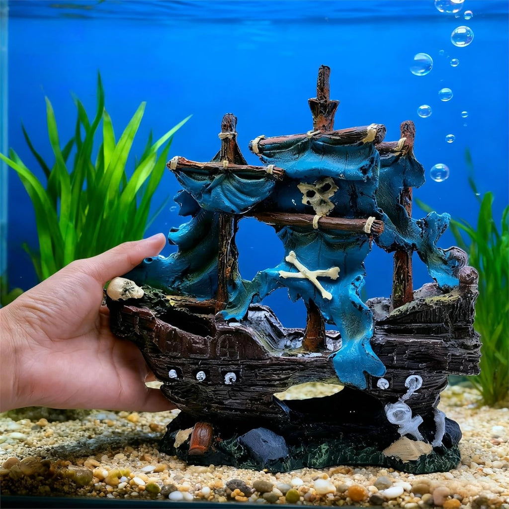 Blue Pirate Shipwreck Decoration for Aquariums, Fish Tank Ornaments, Fish Tank Hiding Place