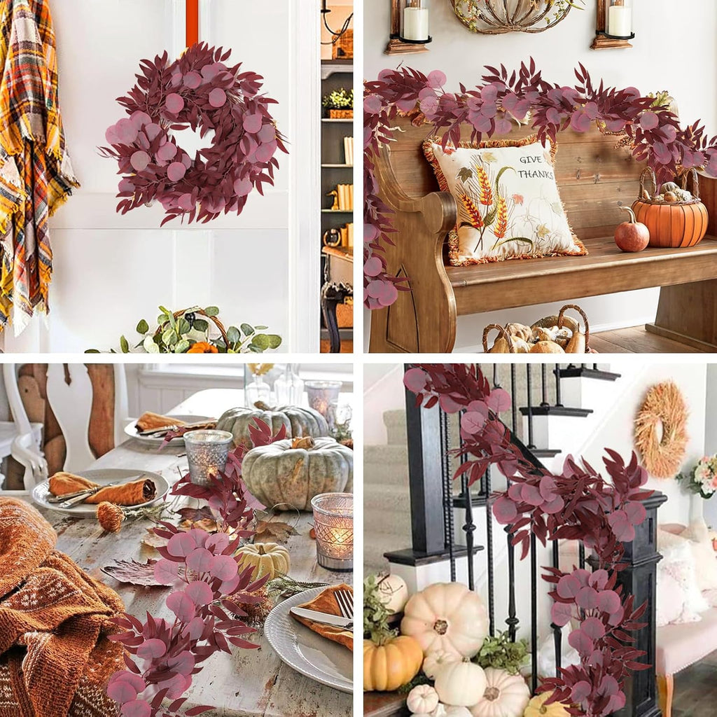 RECUTMS 2Pcs Artificial Eucalyptus Garlands with Willow Leaves 6.6Ft Faux Hanging Eucalyptus Willow Vines Fall Rattan Thanksgiving Christmas Party Wedding Table Centerpiece Fireplace Decor(Burgundy)