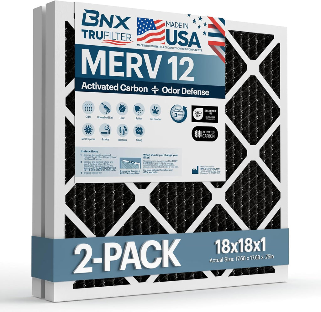 BNX TruFilter 18x18x1 MERV 12 Odor Defense (2-Pack) AC Furnace Air Filter with Activated Carbon - MADE IN USA - Pleated Air Conditioner HVAC AC Furnace Filters - Removes Odor, Mold, Bacteria, Smoke