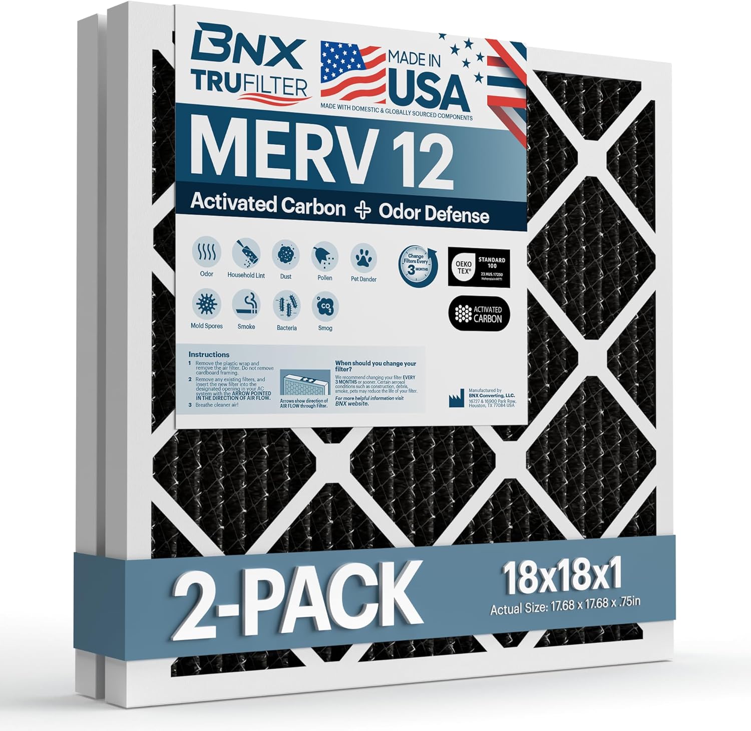 BNX TruFilter 18x18x1 MERV 12 Odor Defense (2-Pack) AC Furnace Air Filter with Activated Carbon - MADE IN USA - Pleated Air Conditioner HVAC AC Furnace Filters - Removes Odor, Mold, Bacteria, Smoke