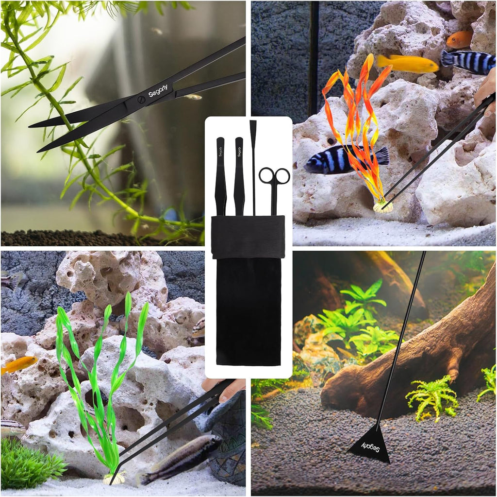 Segarty Longer Aquarium Aquascaping Tools, 4 in 1 Stainless Steel Black Aquarium Tools Kit for Aquatic Plant Fish Tank, Long Scraper Spatula Feeding Tweezers Curved Scissors Anti Rust Aquascape Set