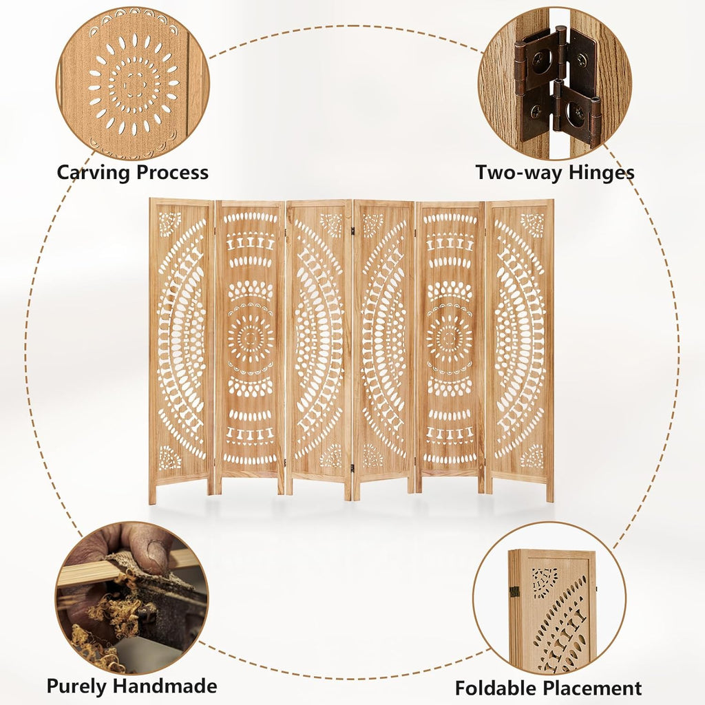 Room Dividers and Folding Privacy Screens, Boho 6 Panel Room Divider, 67" Room Divider Wall, Modern Room Partition, Privacy Dividers for Rooms, Bedroom, Light Brown