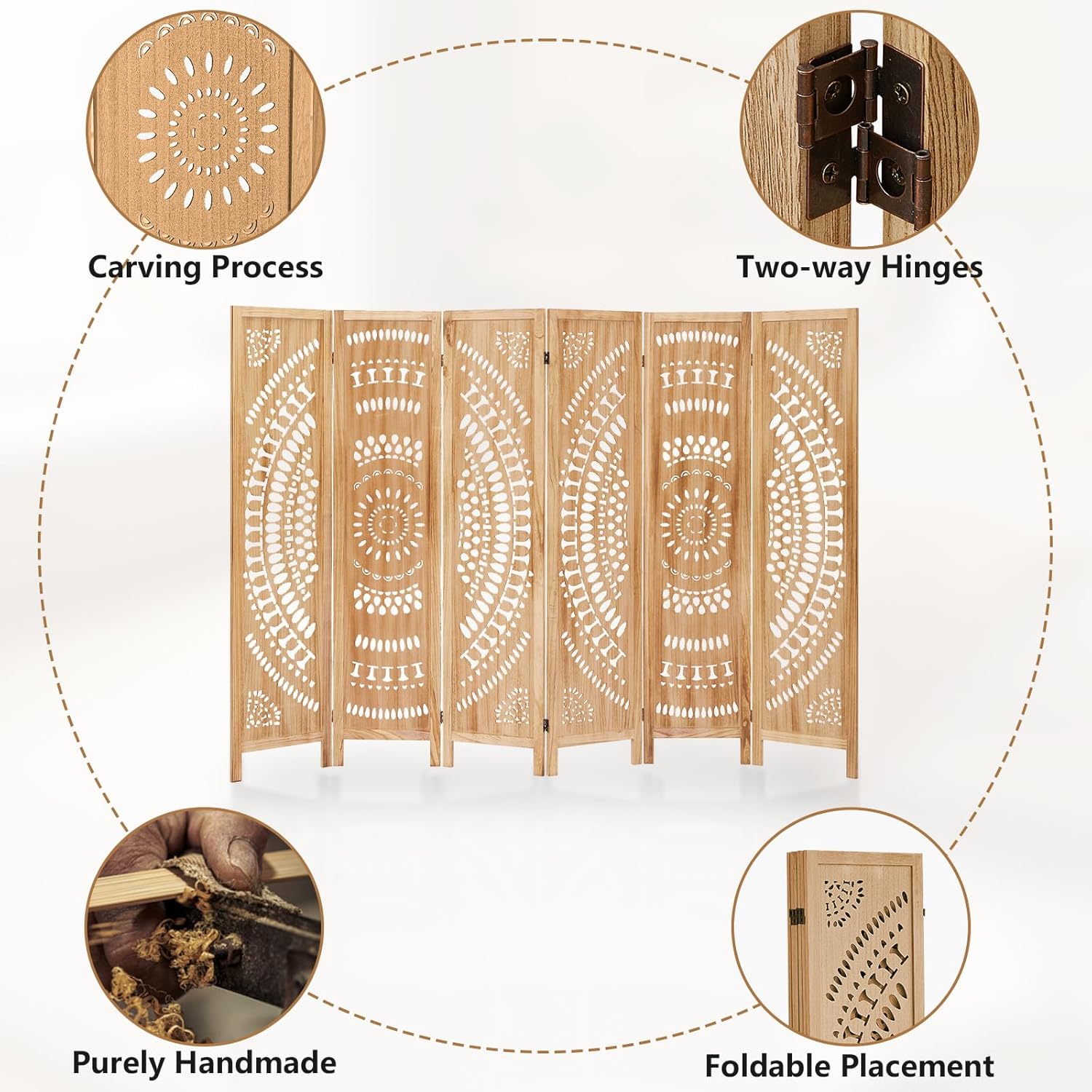 Room Dividers and Folding Privacy Screens, Boho 6 Panel Room Divider, 67" Room Divider Wall, Modern Room Partition, Privacy Dividers for Rooms, Bedroom, Light Brown