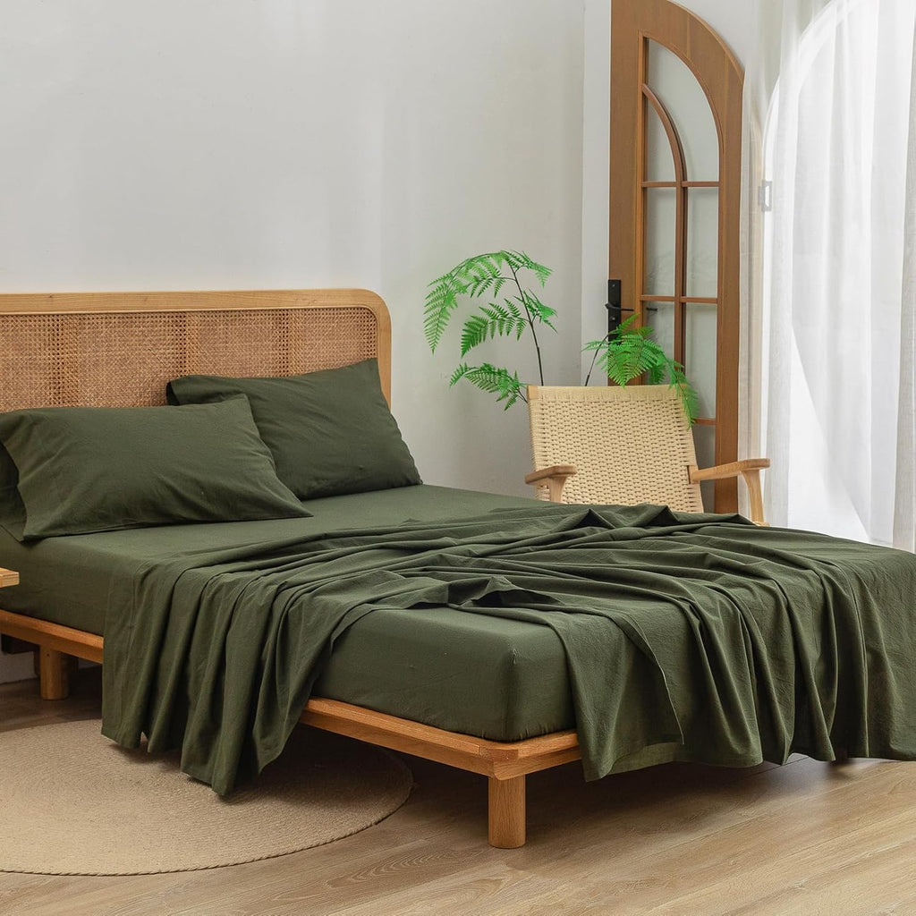 BESTOUCH Sheet Set 100% Washed Cotton Linen Feel Super Soft Comfortable Chic Lightweight 4 Pcs Home Bedding Set Solid Olive Green King