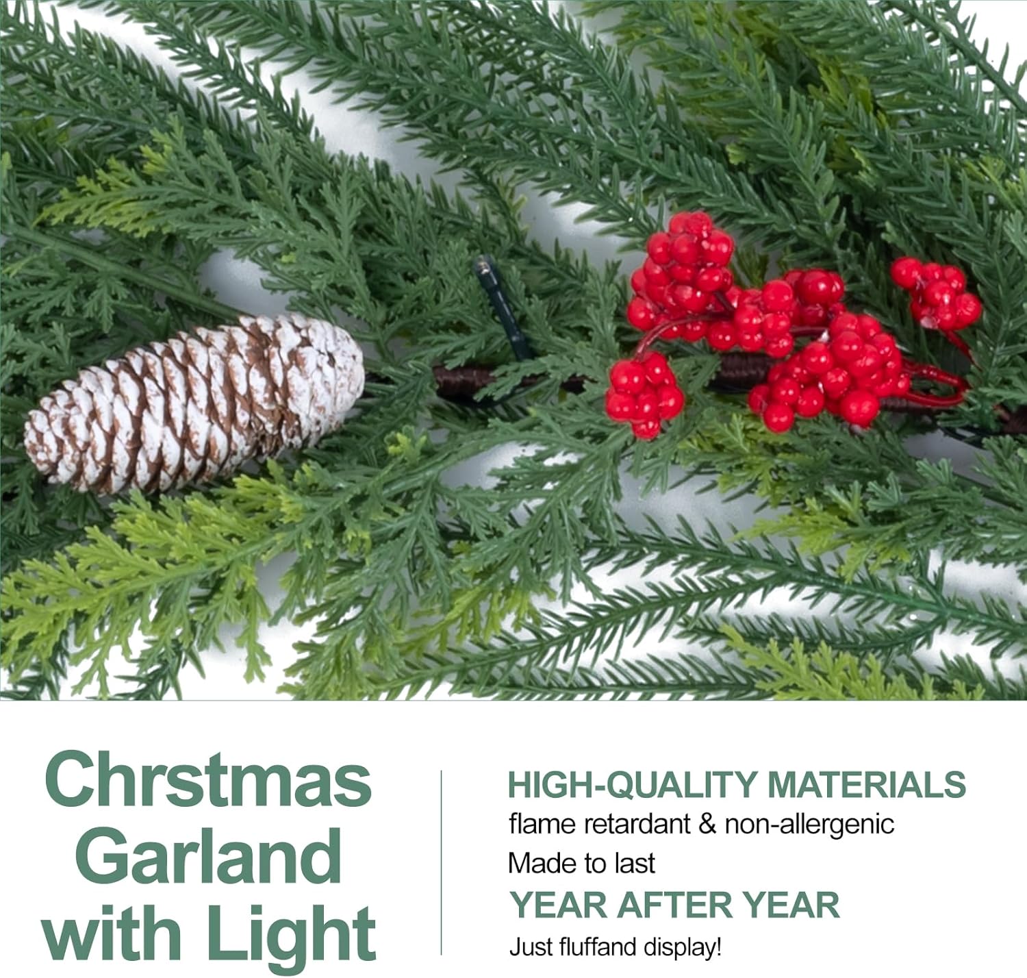 6.5FT Christmas Garland with Lights,Prelit Christmas Decorations,Lighted Garland with Battery Operated,Denser Realistic Norfolk Pine & Cypress Greenery Home Decor for Mantle Fireplace Table