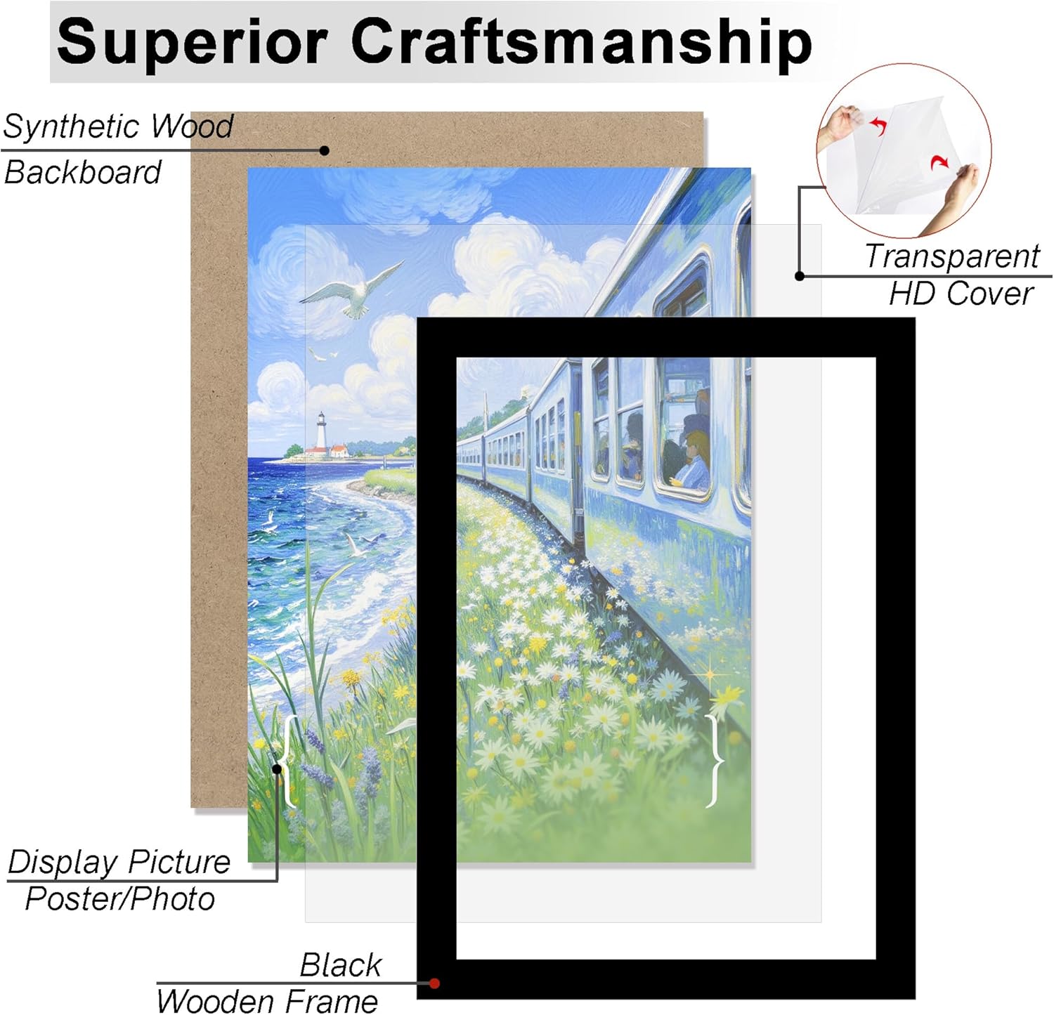 KTKDE 24x36 Picture Frame Black Woodgrain with Polished Plexiglass, Studio Gallery Vertical & Horizontal Wall Hanging Large Poster Frame for Photos,Minimalist Style -Any style Best gift