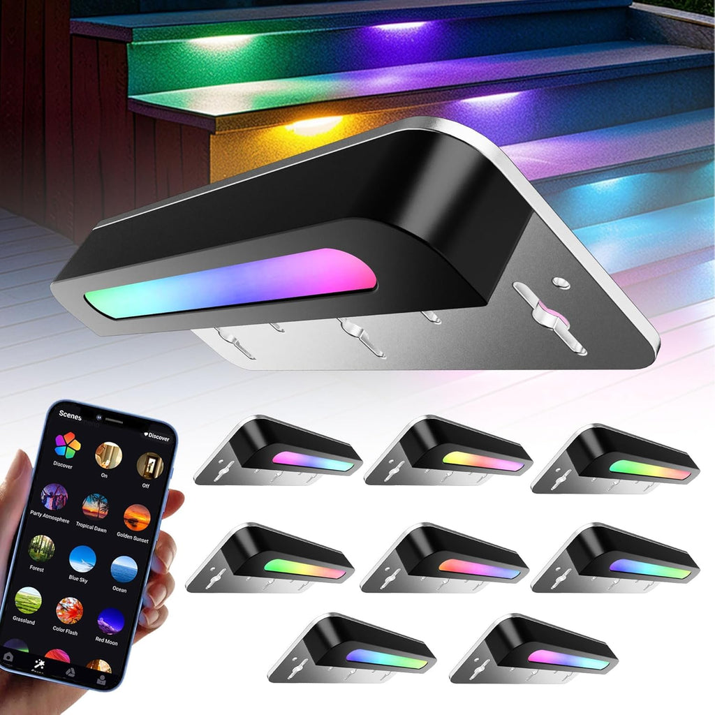 8 Pack 7 inch RGB LED Hardscape Lighting Step Lights Retaining Wall Lights with Color Changing & Warm White Mode Low Voltage Landscape Paver Lights Waterproof Deck Lights for Outside Stairs Yard