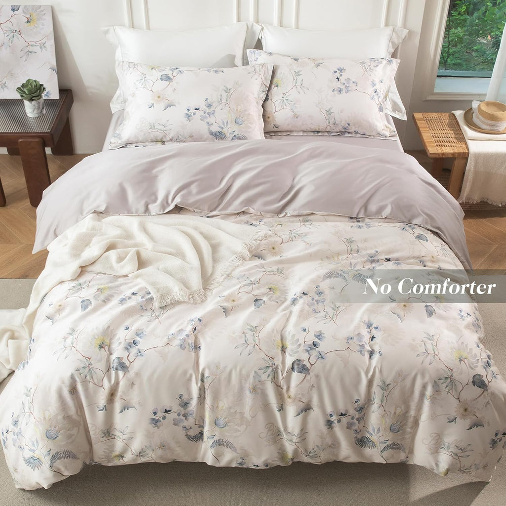 MILDLY Cal King Size Duvet Cover Set 100% Long-Staple Cotton Luxury Elegant Floral Patten Reversible Comforter Cover Set 3Pcs