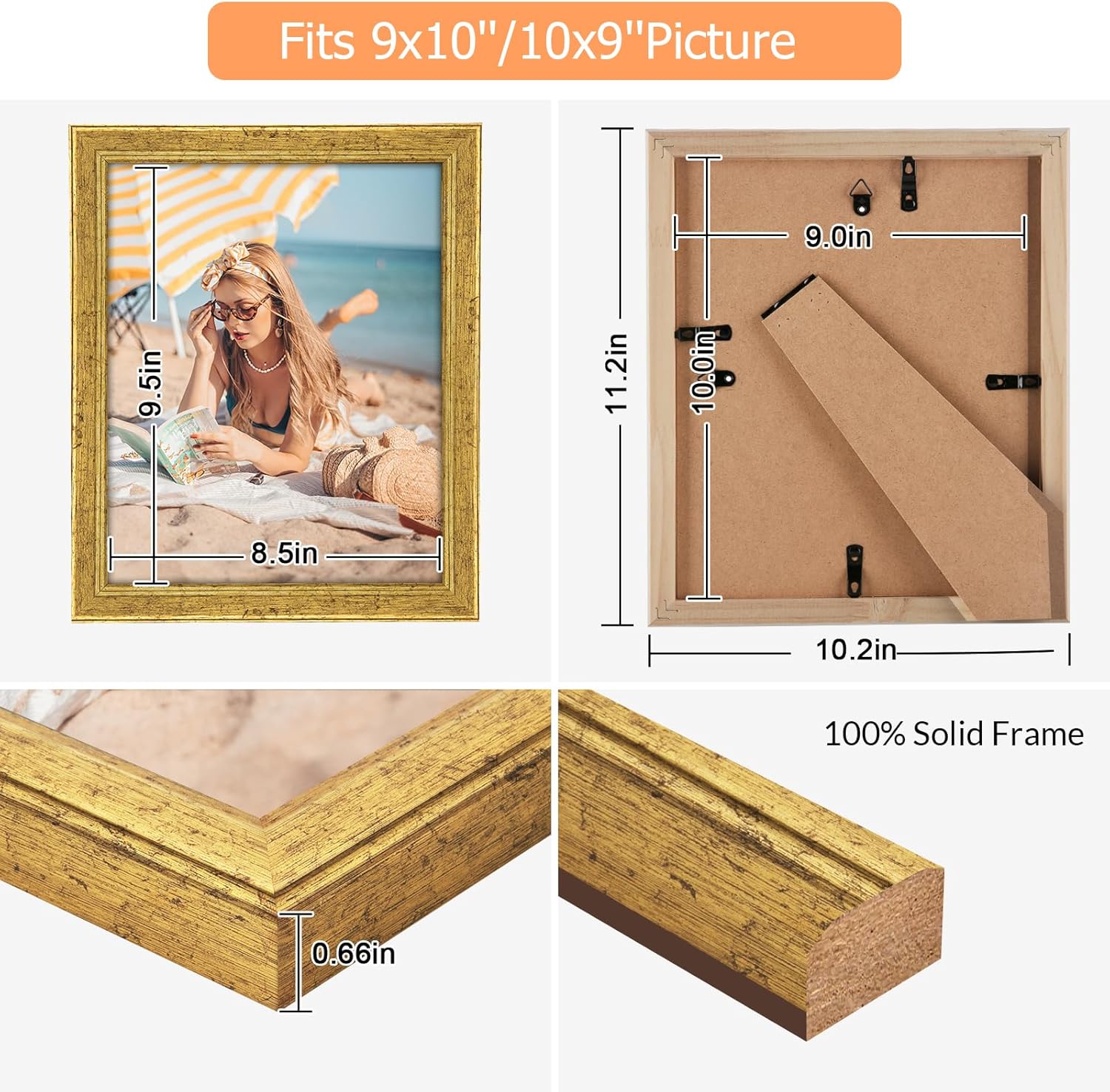 Wood 9x10 Frame Gold, Ornate Natural Wooden 10x9in Picture Frames, Modern Golden 9 x 10inch Gallery Photo Pic Frame with HD Plexiglass, Horizontal Vertical Wall Mounting Tabletop Display 1Pcs