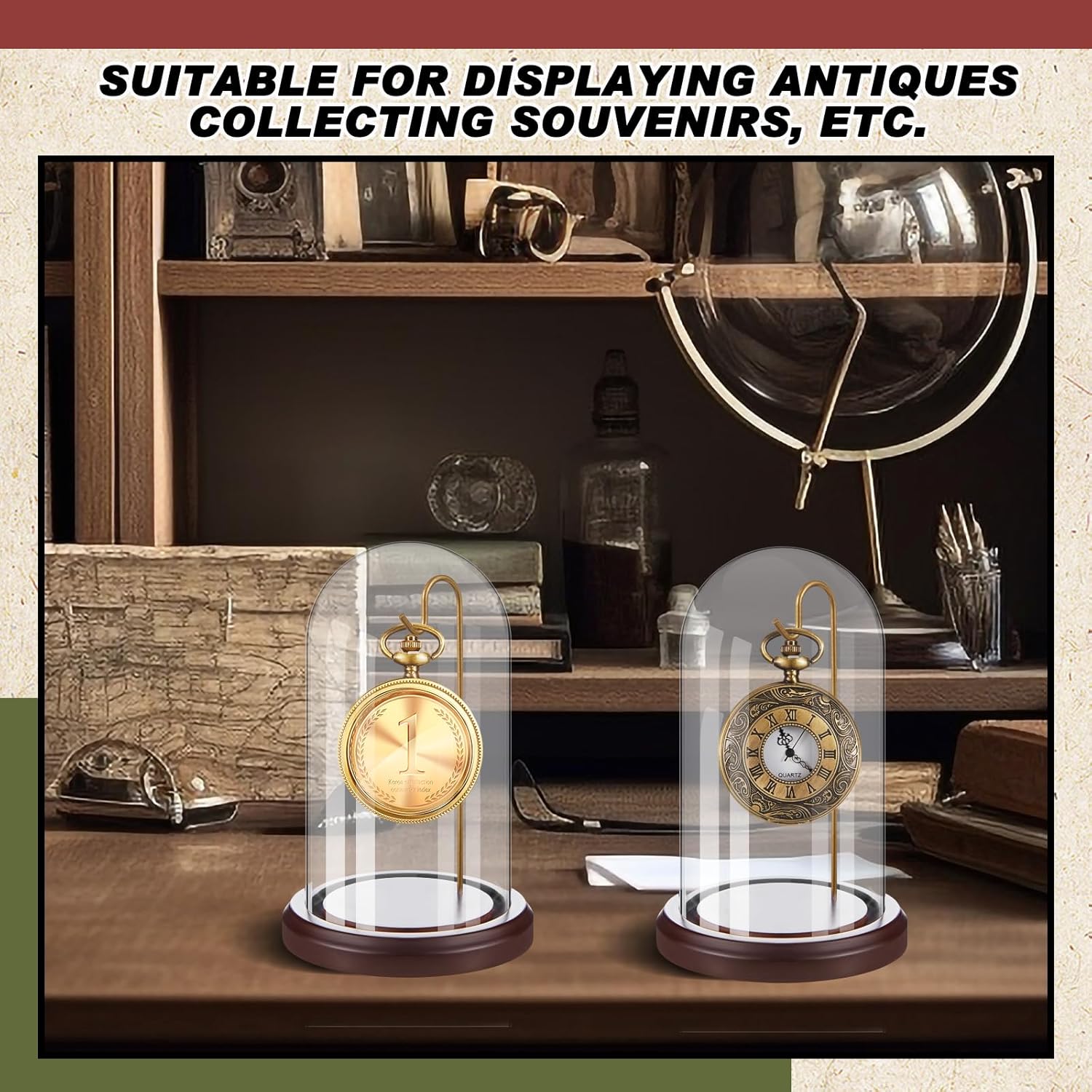2 Pcs Pocket Watch Glass Display with Hooks Dome Cloche with Wood Base Decorative Glass Display Dome Showcase for Watch Plants Medals Photos Collectibles Dark MDF Base(4" X 7",Gold Hook)