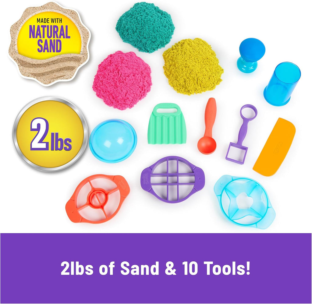 Kinetic Sand, Ultimate Sandisfying Set with 2lbs Play Sand (Pink, Yellow & Teal), 10 Tools & Molds, Sensory Toys, Holiday Gifts & Stocking Stuffers for Kids Ages 3 and up