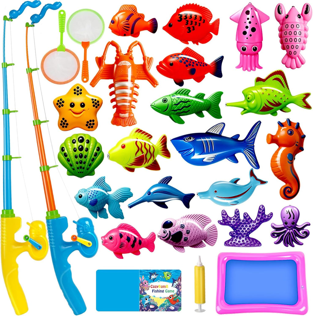 CozyBomB™ Magnetic Fishing Toys Game Set for Kids | Water Table Bathtub Kiddie Pool Party Pole Rod Net, Outdoor Plastic Floating Fish, Toddler Bath Color Ocean Sea Animals Birthday Gift Age 3-5 6 4-8