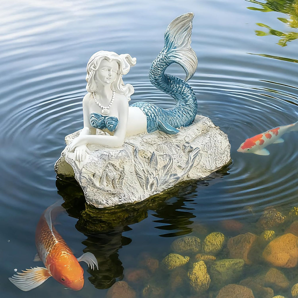Teaeeno Faux Log Fish Cave, Predator Control and Decorative Shelter for Koi and Fish, Ponds, Aquariums, and Terrariums, Mermaid Statue Decor, Mermaid Decoration Sculptures