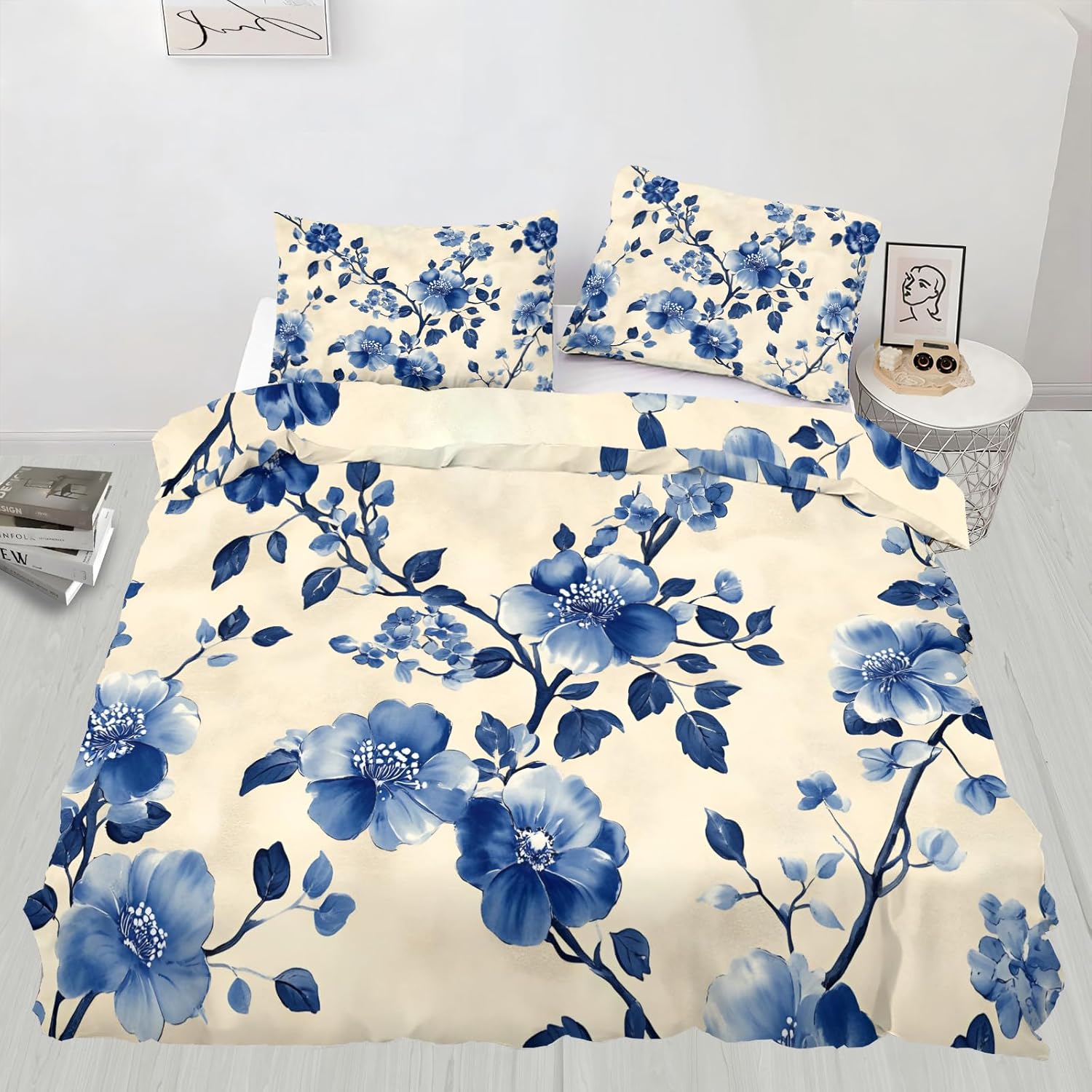 Floral Print Duvet Cover Queen Size, Boho Blue Tie-Dye Bedding Set 3 Piece Bedroom Decor Rustic Watercolor Comforter Cover and 2 Pillow Sham with Zipper Closure