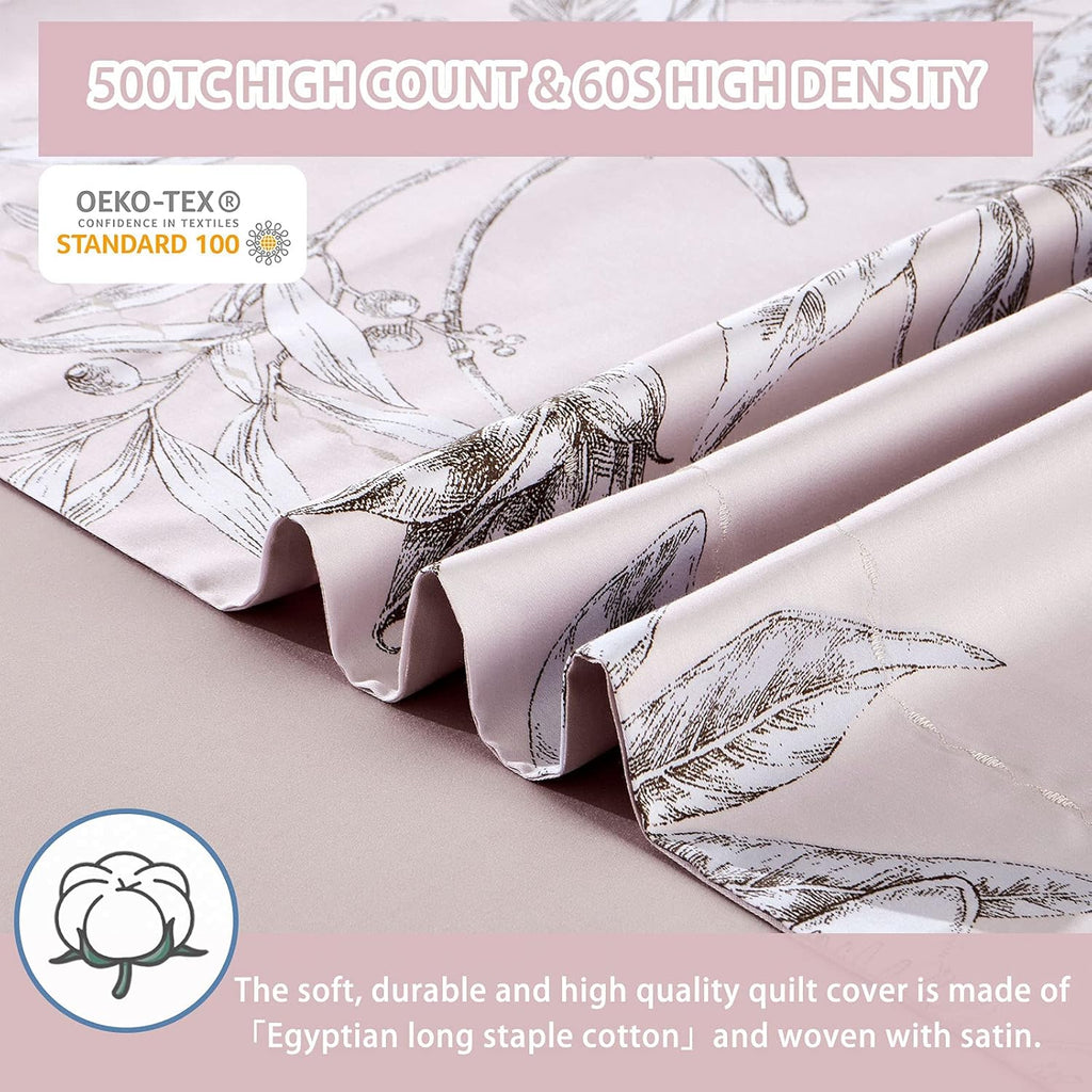 MILDLY 100% Long-Staple Cotton Duvet Cover Set Light Pink Elegant Floral Pattern Printed Comforter Cover 3pcs, Ultra Soft & Breathable Bedding Set