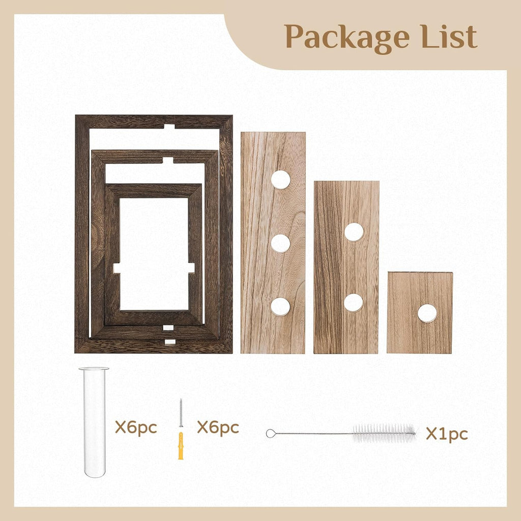 Wall Planter Propagation Stations - Hanging Glass Terrarium Tube Vase with Wood Shelf for Indoor Plants Cutting - Rustic Wall Decor for Farmhouse