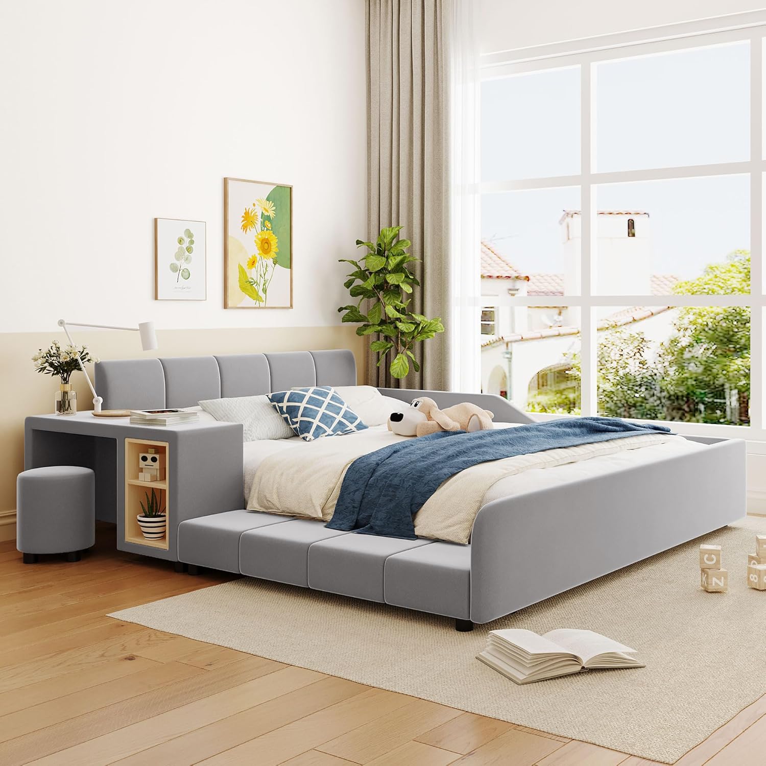 Merax Queen Size Upholstered Plush Velvet Pink Mother and Baby Bed with Large Cushioned Ground Bed, Bedside Table,and Round Stool,Grey