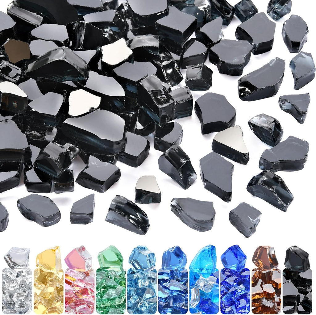 GasSaf 1/2 Inch Fire Glass Reflective Tempered Fireglass Cut Crushed FireGlass for Fire Pit, Fireplace, Replaces Existing Gas Logs & Lava Rocks (10 Pound)(Black Reflective)