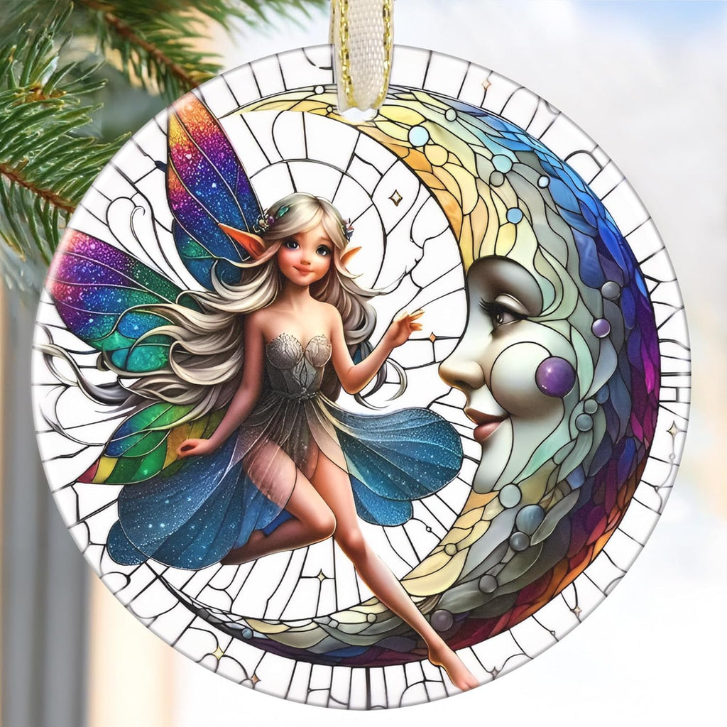 2025 Moon and Fairy Ornaments for Christmas - Round Ceramic, Holiday Decor, Christmas Tree Decoration, Gift Idea for Women