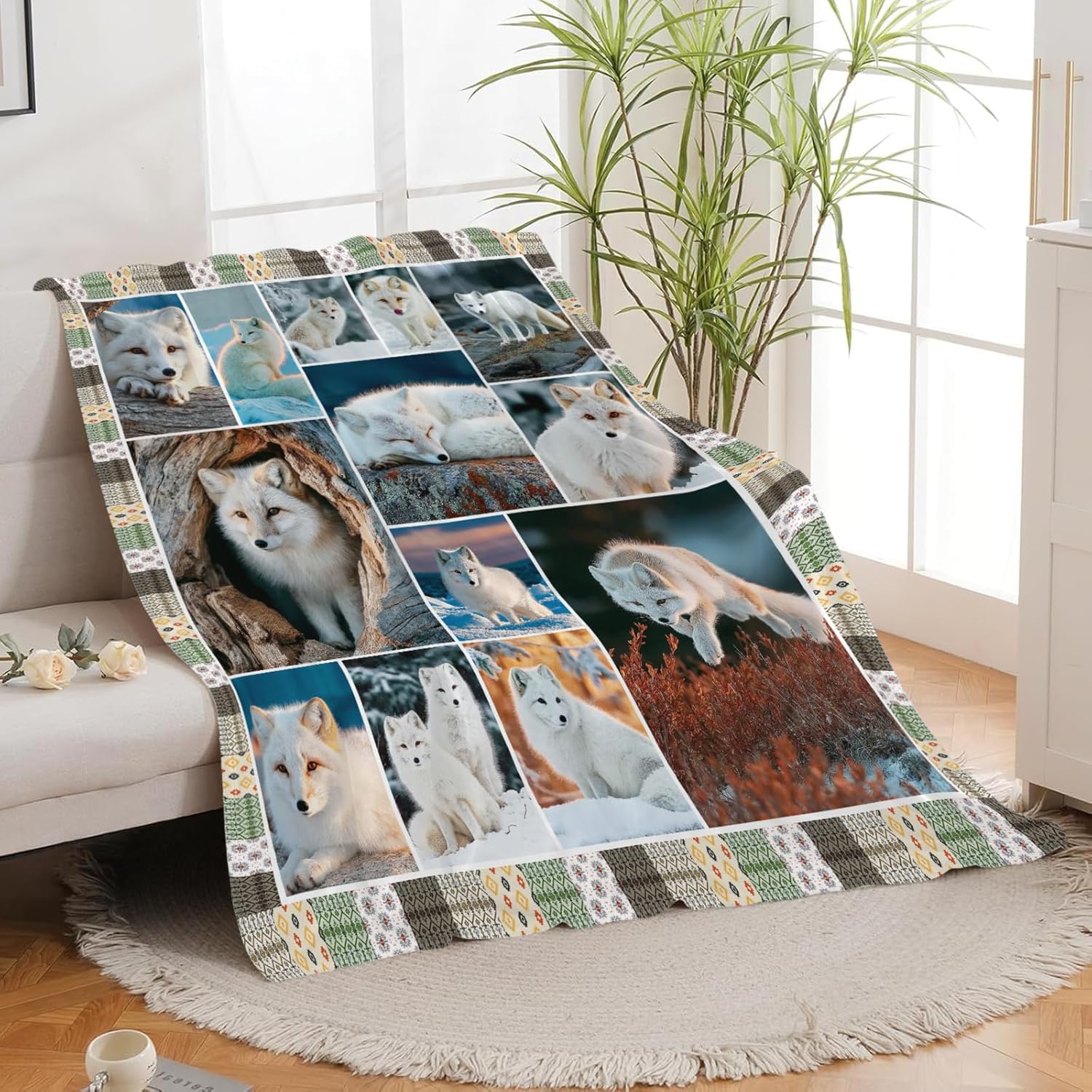 Fox Throw Blanket White Fox Stuff Gifts for Kids Girls Boys Adults Women Men Soft Cozy Warm Plush Fluffy Fuzzy Fleece Blanket Decor 40''X50''