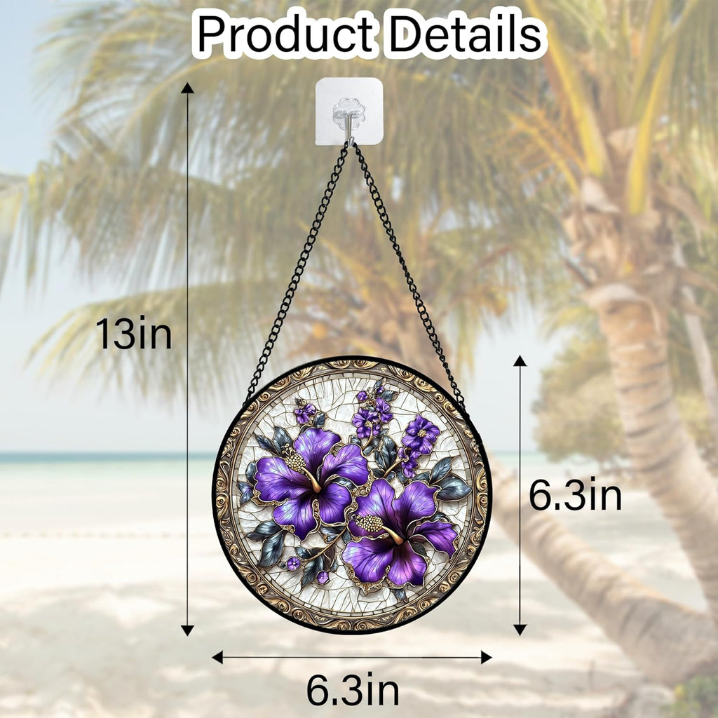 Stained Glass Window Hanging, Purple Flowers Romantic Suncatcher for Doors Home Sun Catchers Decoration and Christmas, Mother's Day Birthday Gifts for Women, Men, and Mom 6.3 in
