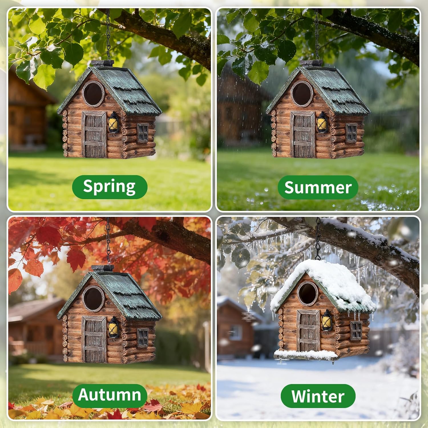 Bird Houses for Outside Real Wood-Look Resin Bird House with Hanging Chain – Waterproof & Durable Forest Bird Houses for Outdoors for Hummingbird Finches Cardinals Bird Nesting Garden, Patio, Yard