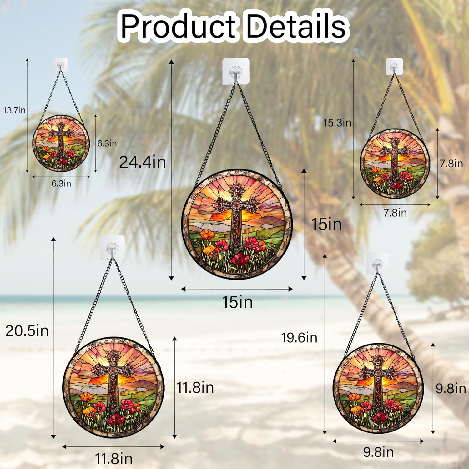 Christian Gifts for Women - Cross Stained Glass Window Hanging Jesus Easter Poppy Sunset Landscape Sun Catcher Garden Religion Decor Mother's Day Catholic Gift for Men Grandma Mom Her 6.3"