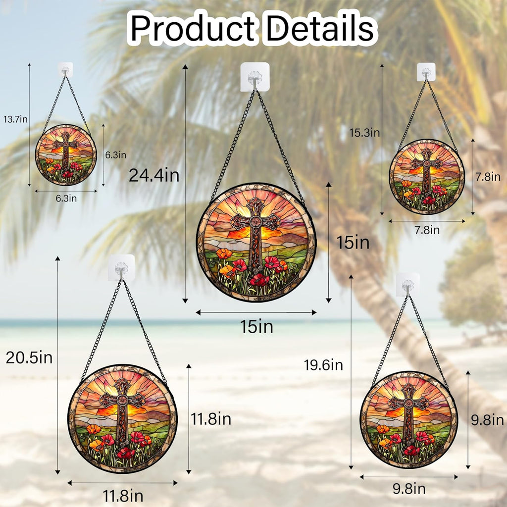Christian Gifts for Women - Cross Stained Glass Window Hanging Jesus Easter Poppy Sunset Landscape Sun Catcher Garden Religion Decor Mother's Day Catholic Gift for Men Grandma Mom Her 15"