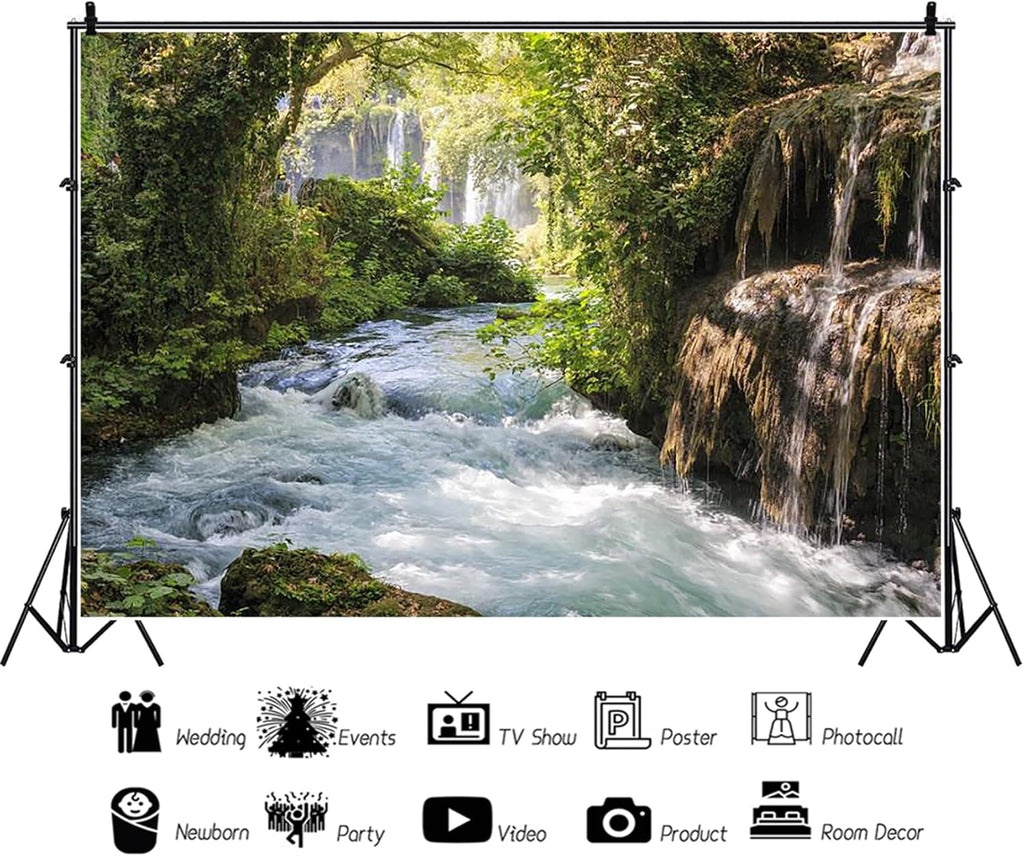 Baocicco 12x10ft Vinyl Green Forest Backdrops for Photography Background Mountain and Water Landscape Beautiful Waterfall and River Ancient Tree Outdoor Explore Holiday Backdrop Photo Studio
