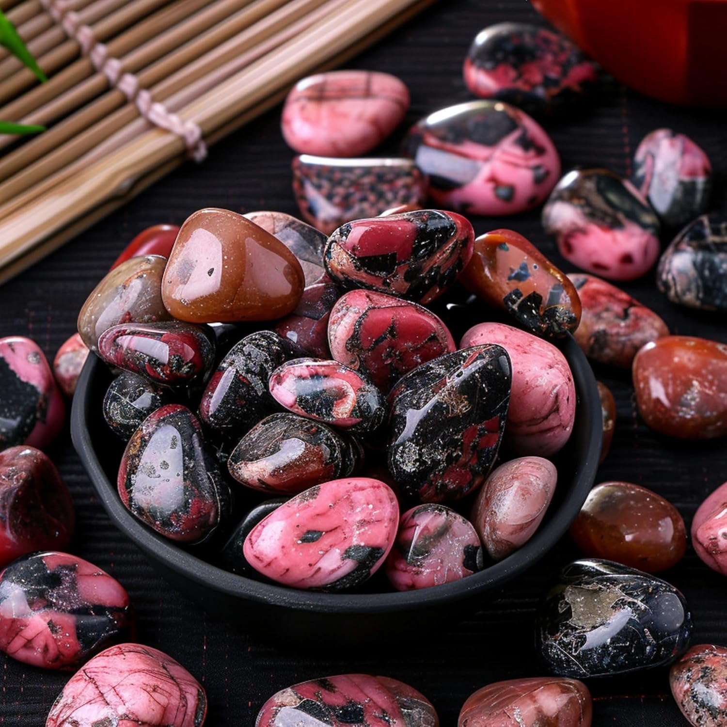 Polished Rhodonite Crystal Chips Set, 0.4", 128 Pcs - Handpicked Tumbled Stones and Crystals Bulk for Healing, Reiki, Meditation, Witchcraft and Home Decor